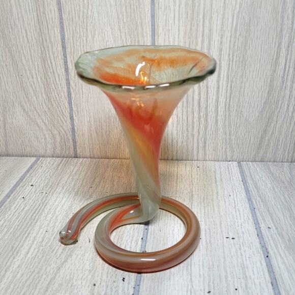 Vtg 70s Elegant Swirl Blown Glass Tulip/Trumpet Vase - Orange Green Art Glass - Picture 1 of 7